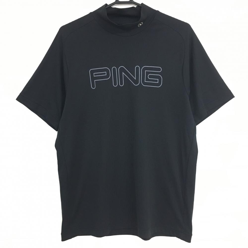 【超美品】ピン 半袖ハイネックシャツ 黒×グレー 胸元ロゴプリント メンズ LL ゴルフウェア PING