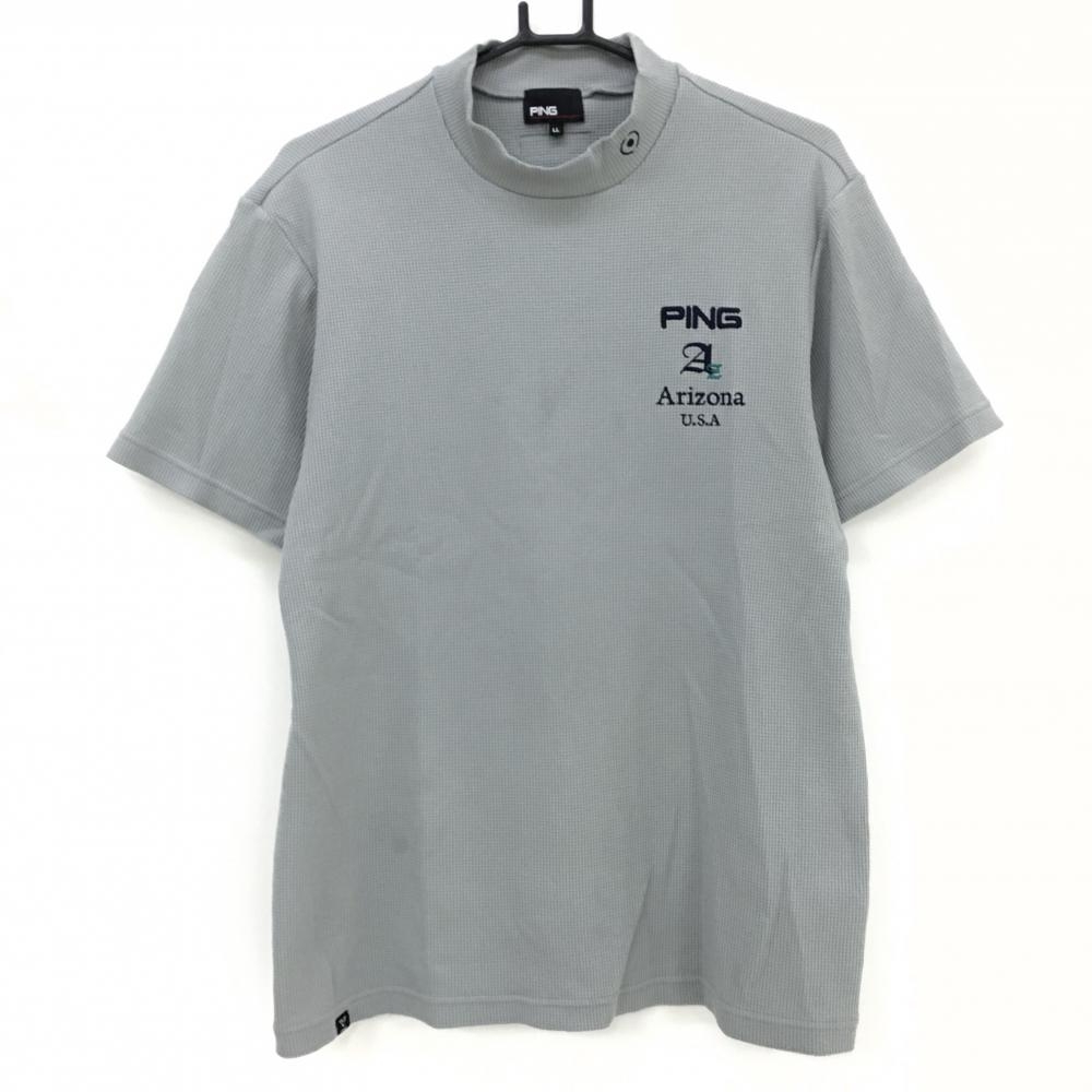 【美品】ピン 半袖ハイネックシャツ グレー×ネイビー 凸凹織 ロゴ刺しゅう  メンズ LL ゴルフウェア PING