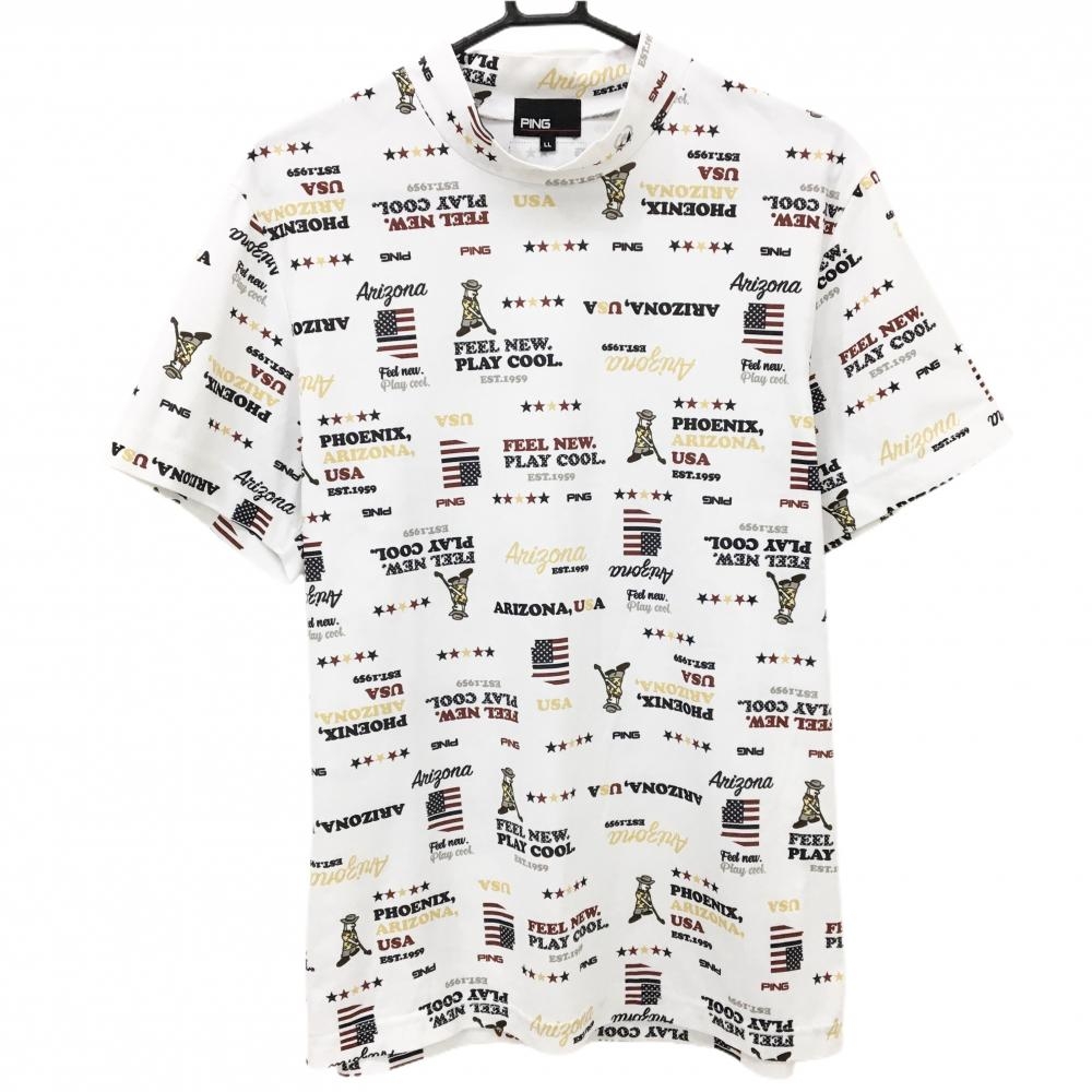 【超美品】ピン 半袖ハイネックシャツ 白×ブラウン Mr.PING・ロゴ総柄 ストレッチ  メンズ LL ゴルフウェア 2023年モデル PING