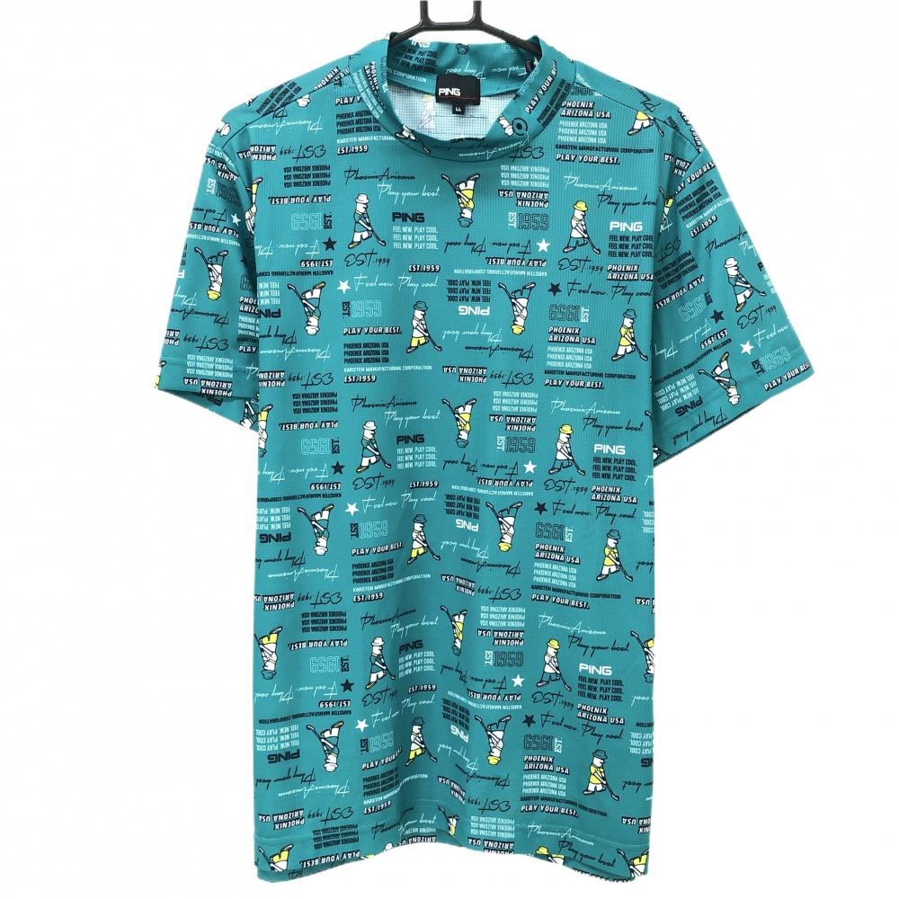 【超美品】ピン 半袖ハイネックシャツ ブルーグリーン×白×イエロー ロゴ総柄 英字柄 メンズ LL ゴルフウェア 2024年モデル PING