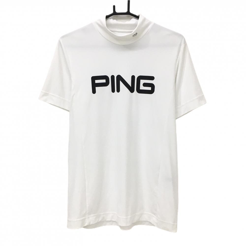【美品】ピン 半袖ハイネックシャツ 白×黒 ロゴプリント メンズ M ゴルフウェア PING