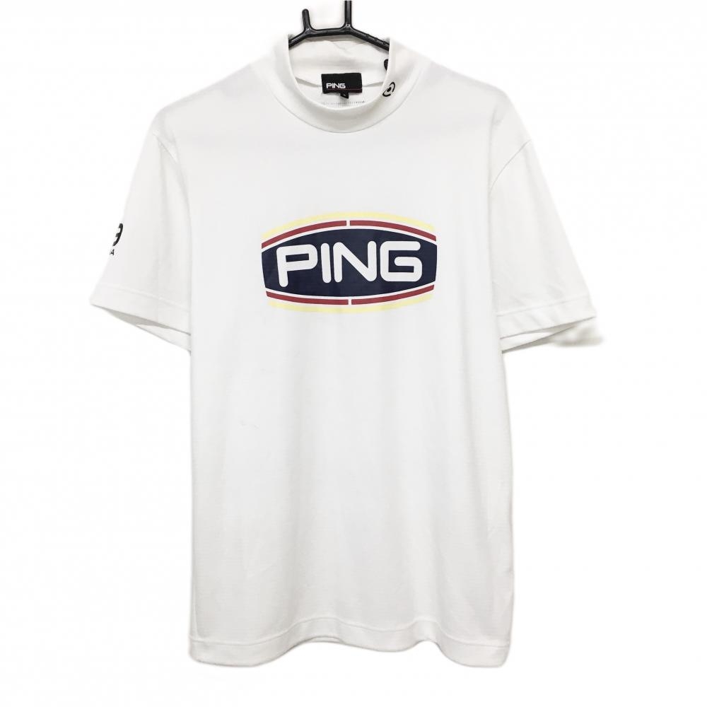 ピン 半袖ハイネックシャツ 白×ネイビー フロントロゴプリント メンズ L ゴルフウェア PING