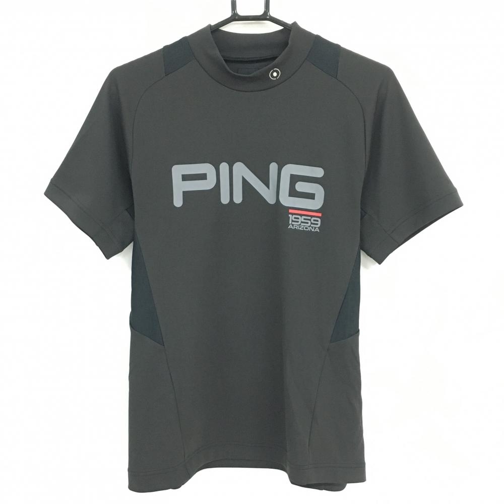 【超美品】ピン 半袖ハイネックシャツ ダークグレー×黒 一部メッシュ ビッグロゴ メンズ M ゴルフウェア PING