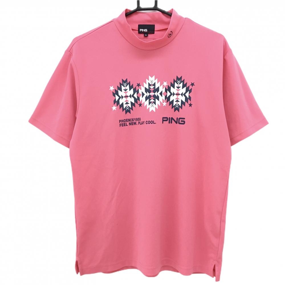 【美品】ピン 半袖ハイネックシャツ ピンク×ネイビー フロントプリント ネックロゴ  メンズ LL ゴルフウェア PING