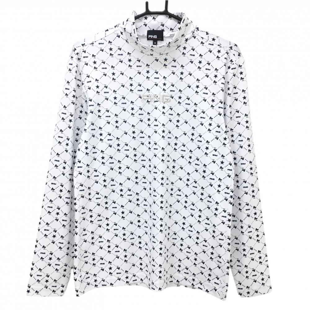 【美品】ピン 長袖ハイネックシャツ 白×ネイビー 総柄 英字 斜め格子調 ロゴ刺しゅう  メンズ S ゴルフウェア PING