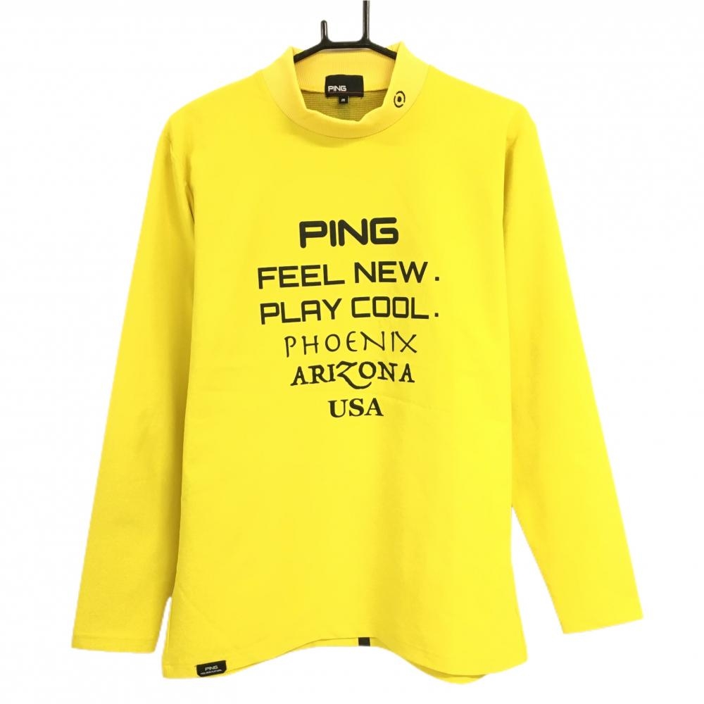 【超美品】ピン 長袖ハイネックシャツ イエロー ロゴ黒 ストレッチ 蓄熱保温 メンズ M ゴルフウェア 2024年モデル PING