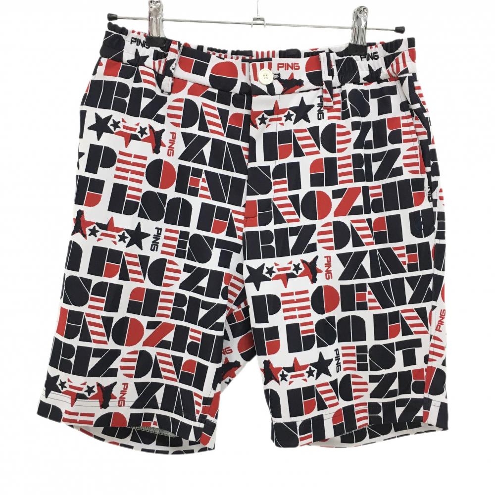 【超美品】ピン ハーフパンツ 白×レッド×ネイビー 総柄 ウエストゴム メンズ M ゴルフウェア 2024年モデル PING