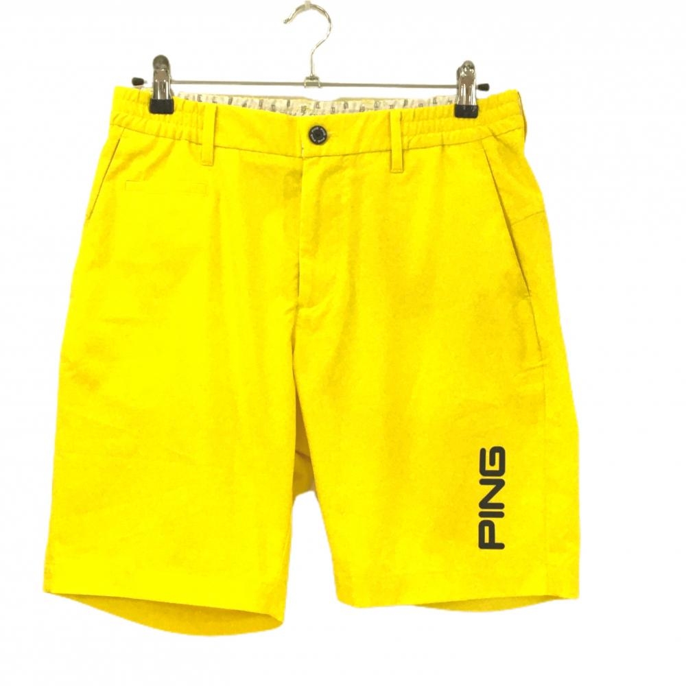 【美品】ピン ハーフパンツ イエロー ロゴ黒 ウエスト一部ゴム メンズ L ゴルフウェア PING
