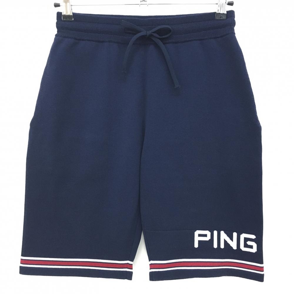【美品】ピン ニットハーフパンツ ネイビー×白 裾ライン ウエストゴム コットン混  メンズ S ゴルフウェア PING