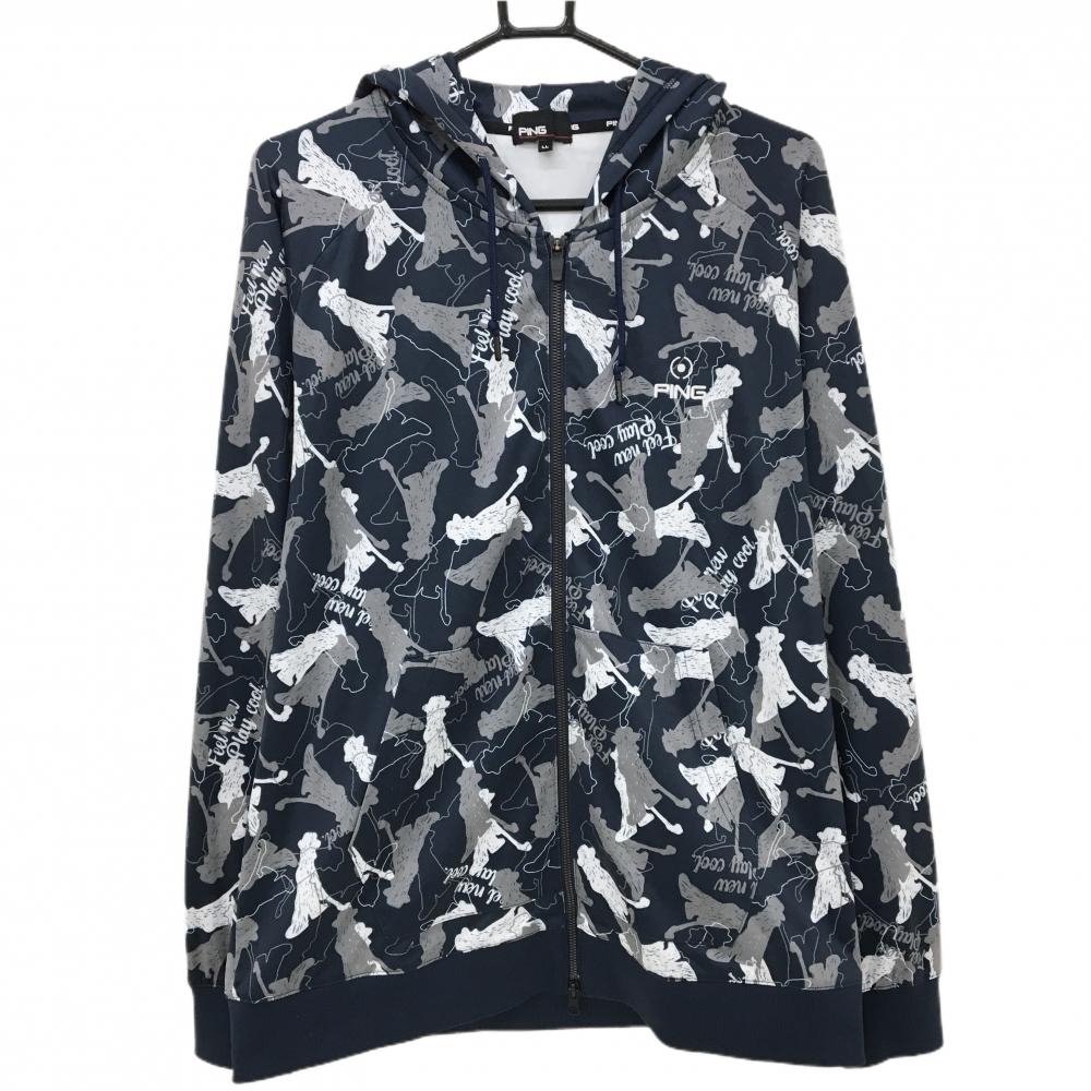 【美品】ピン ジップパーカー ネイビー×グレー 総柄 ロゴ刺しゅう メンズ LL ゴルフウェア PING