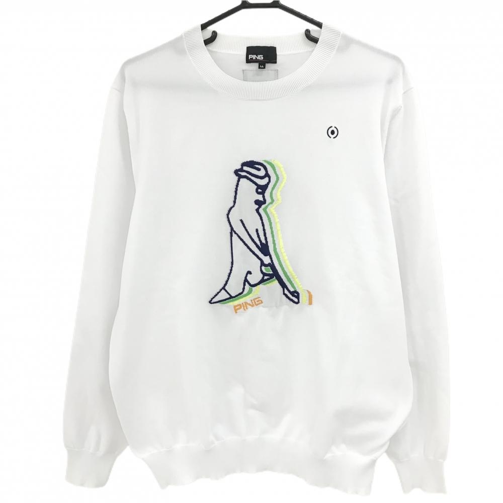 【超美品】ピン セーター 白×ネイビー ゴルファー柄 ポリエステル100％ ニット  メンズ LL ゴルフウェア PING