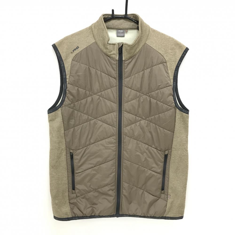 【超美品】ピン 中綿切替ベスト ライトブラウン 裏起毛 前身頃中綿 メンズ XL ゴルフウェア PING
