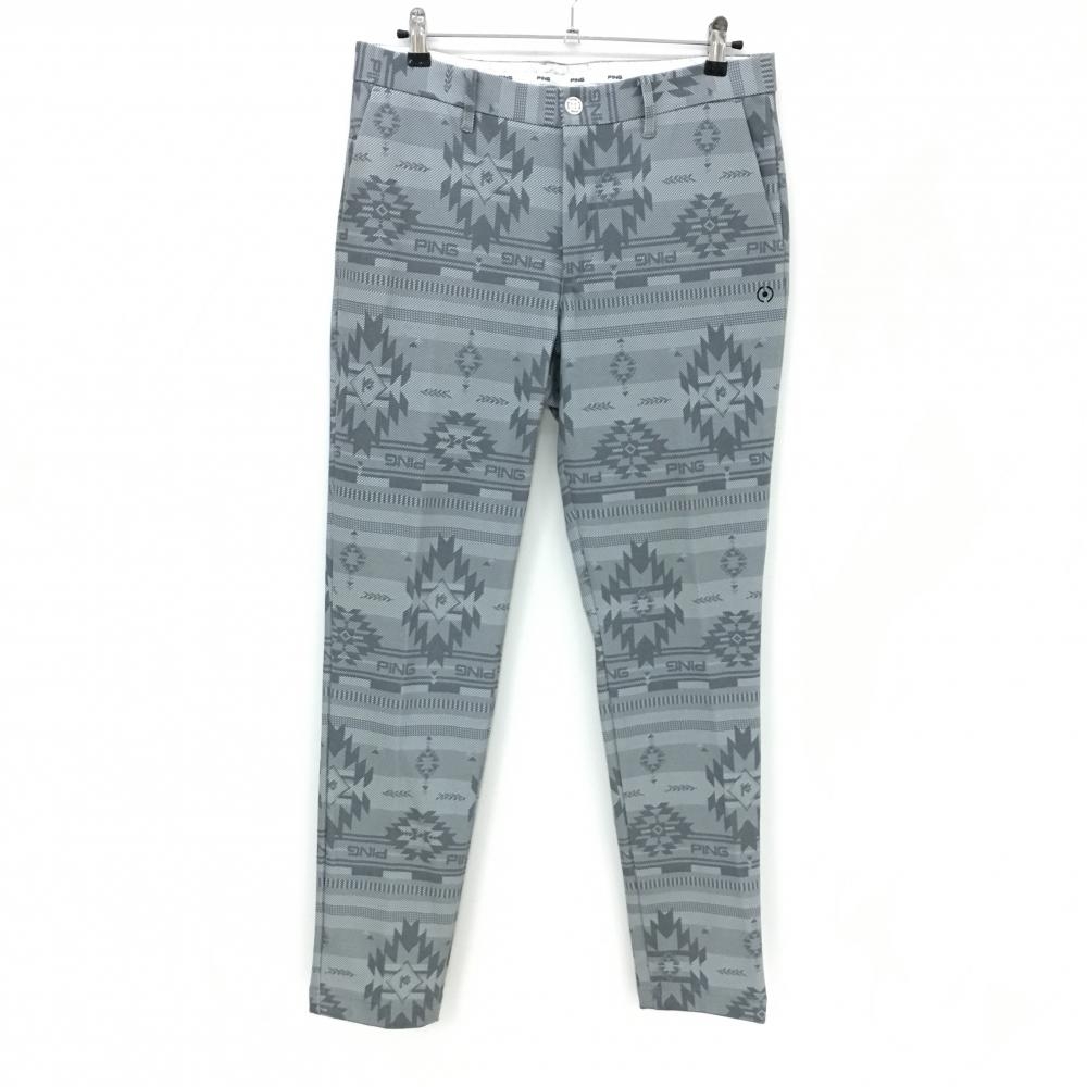 【美品】ピン パンツ ライトグレー×グレー 総柄 ロゴ刺しゅう 裏微起毛 メンズ L ゴルフウェア PING