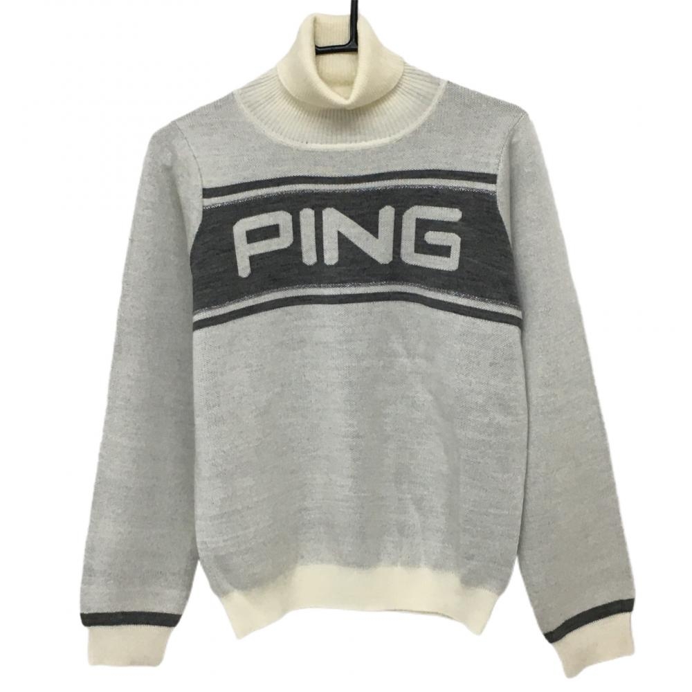 【超美品】ピン タートルネックセーター 白×グレー 胸元ロゴ ニット ウール混 レディース L ゴルフウェア 2022年モデル PING