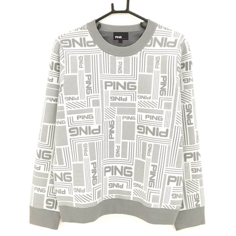 【超美品】ピン セーター 白×グレー ロゴ総柄 ウール混 裏地付き ニット レディース LL ゴルフウェア PING