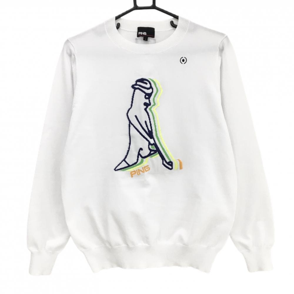 ピン セーター 白×ネイビー フロントロゴ ニット レディース L ゴルフウェア PING