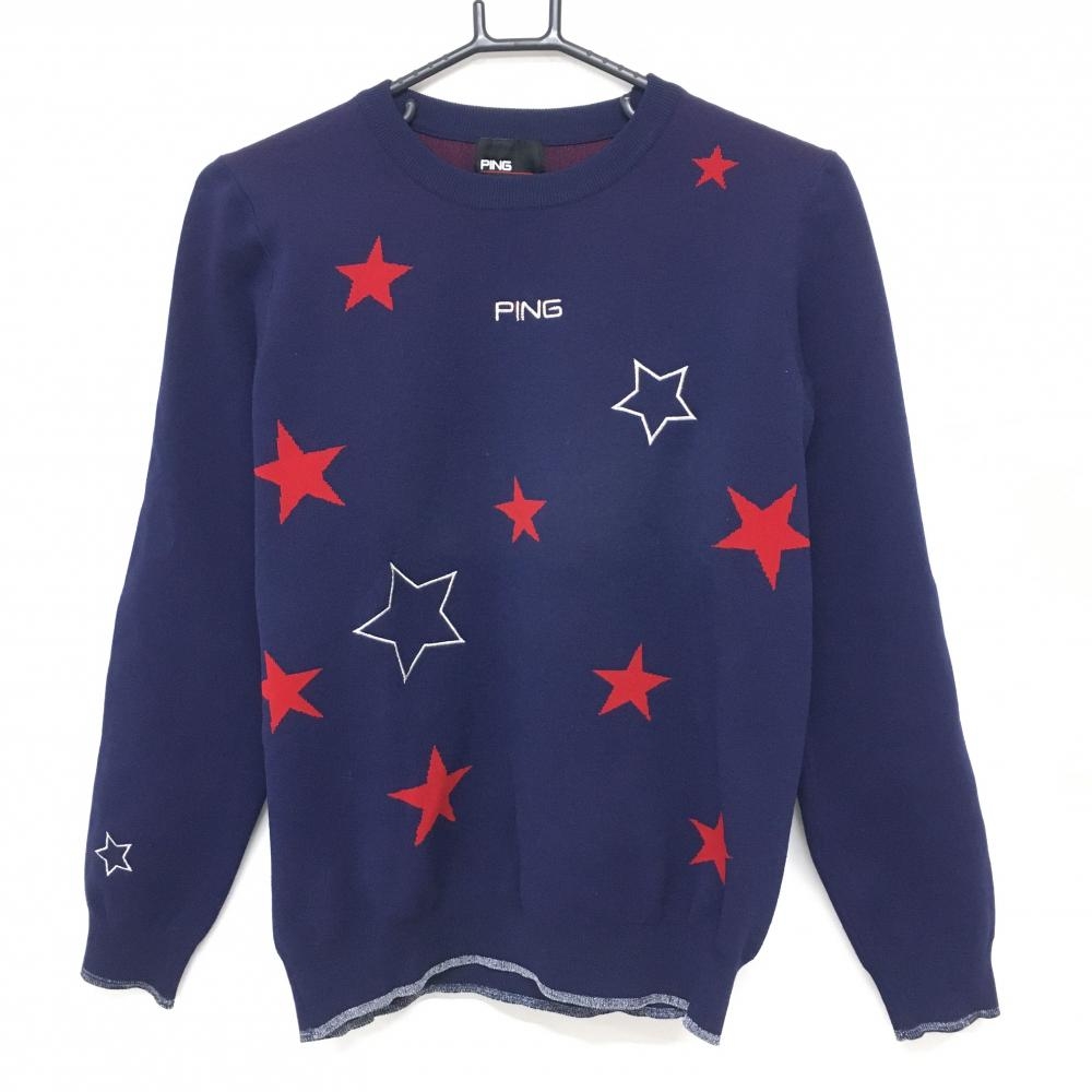 ピン セーター ネイビー×レッド 星総柄 ニット レディース M ゴルフウェア PING