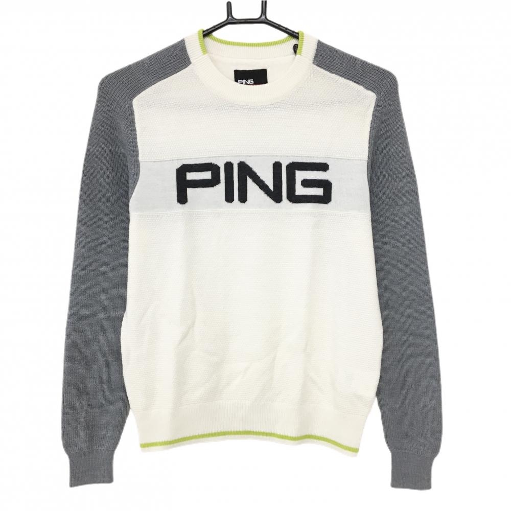 【超美品】ピン セーター アイボリー×グレー フロントロゴ ニット レディース S ゴルフウェア PING