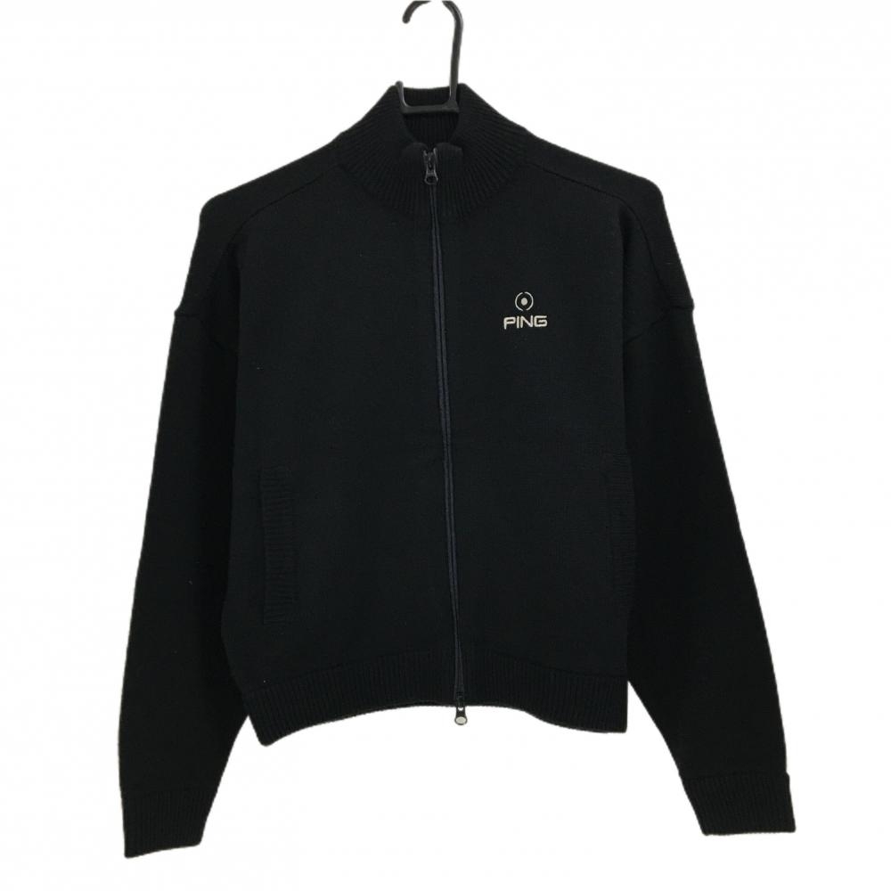 【美品】ピン ニットジャケット 黒 ロゴ刺しゅう ウール混  レディース S ゴルフウェア PING