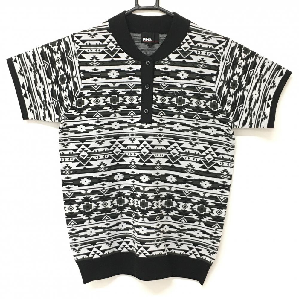 【超美品】ピン ニット半袖ポロシャツ 白×黒 総柄  レディース Ｍ ゴルフウェア PING