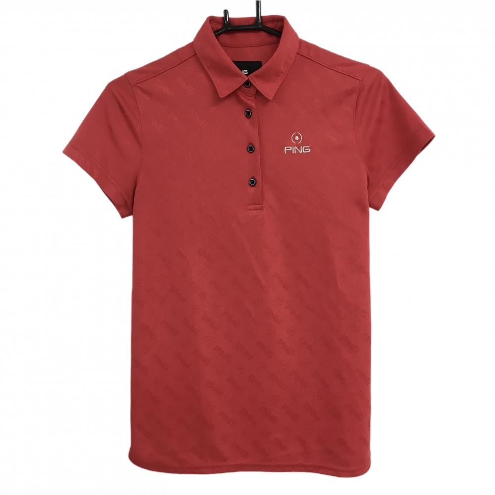【超美品】ピン 半袖ポロシャツ レッド ロゴ総柄地模様 ロゴ刺しゅう レディース M ゴルフウェア PING