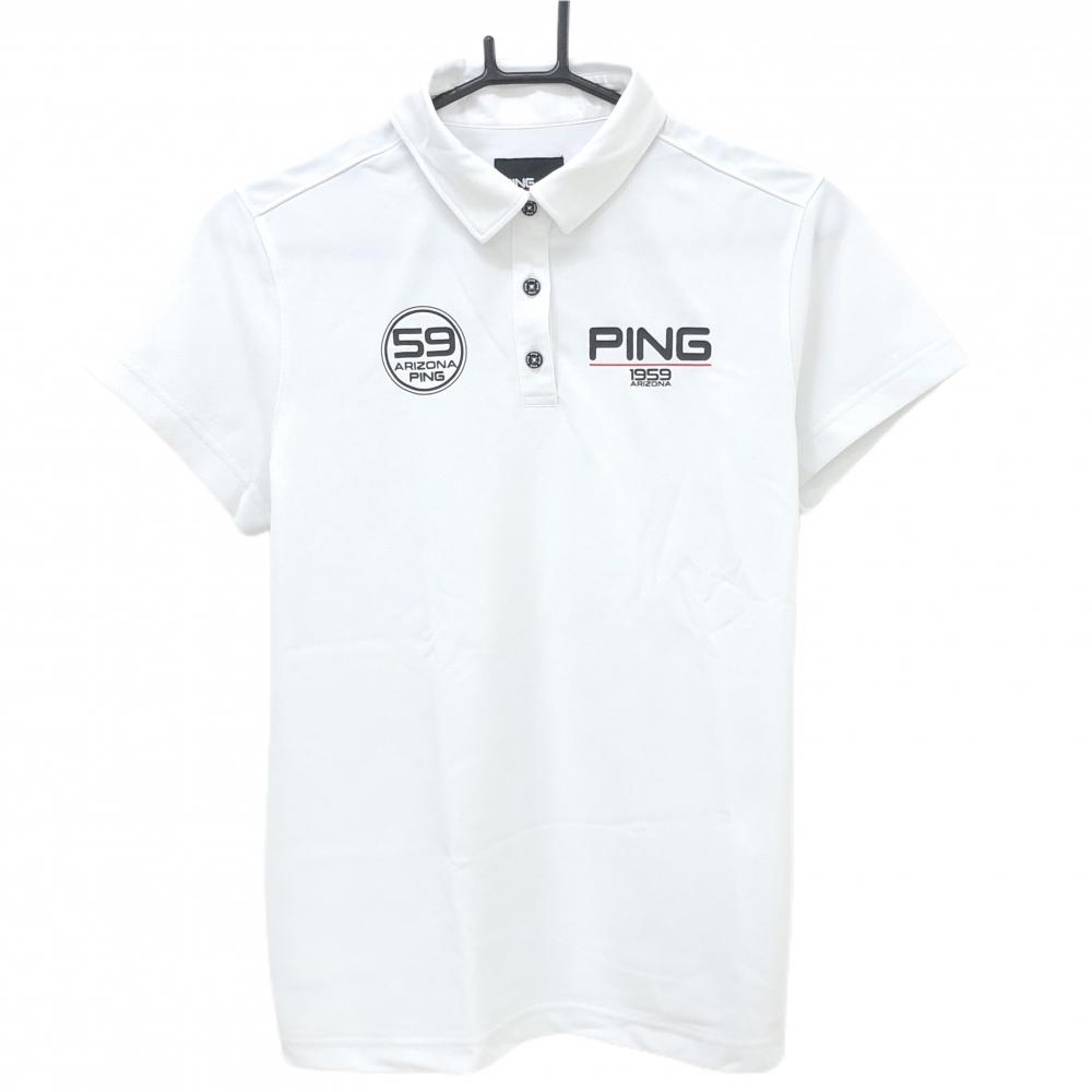 【美品】ピン 半袖ポロシャツ 白 ロゴ黒 レディース L ゴルフウェア PING