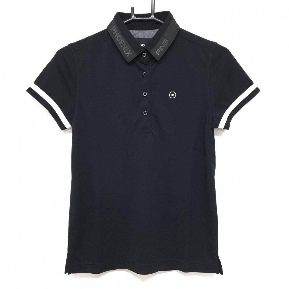 【新品】ピン 半袖ポロシャツ 黒 襟ロゴ 袖ライン レディース S ゴルフウェア PING