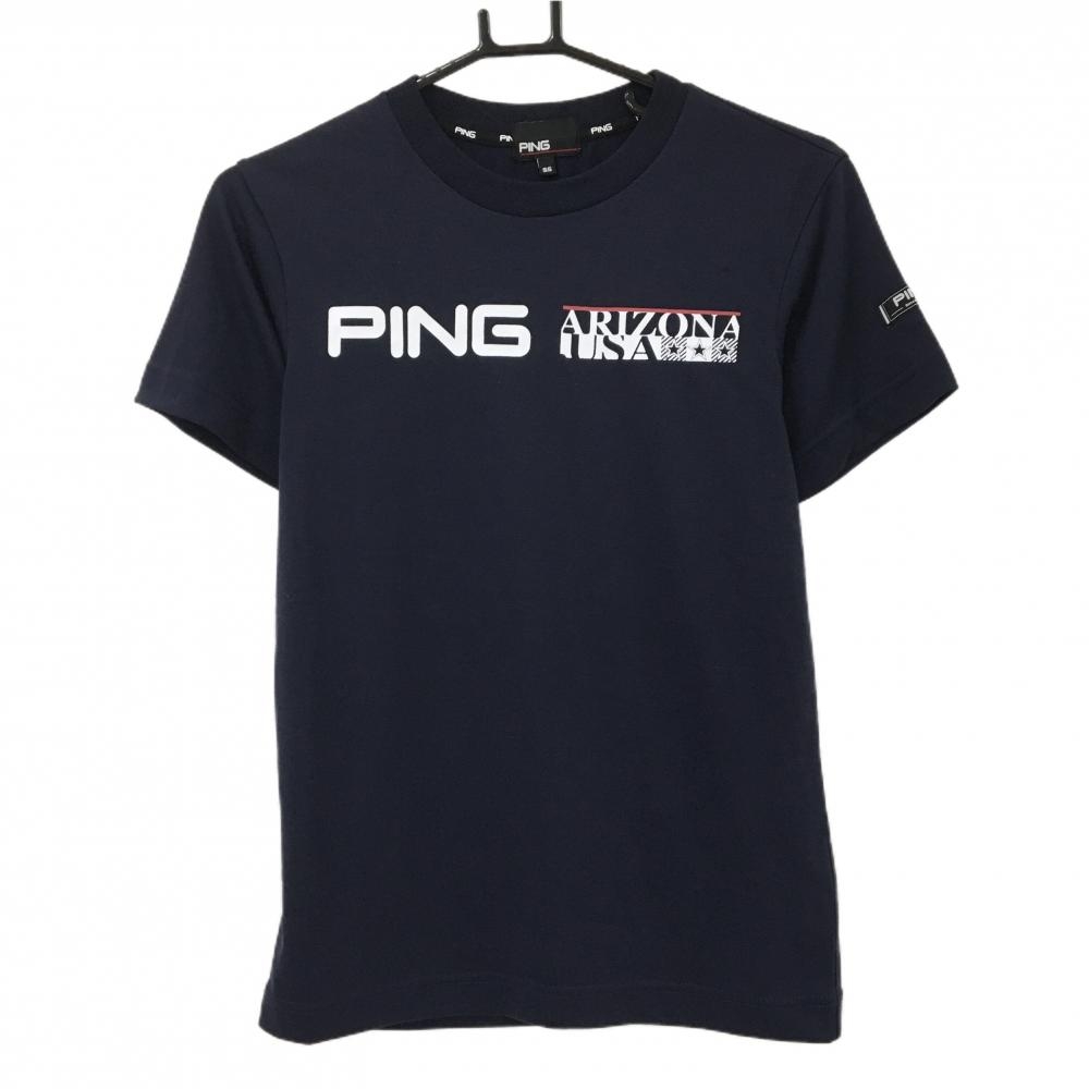 【美品】ピン Tシャツ ネイビー×白 ロゴプリント  レディース SS ゴルフウェア PING