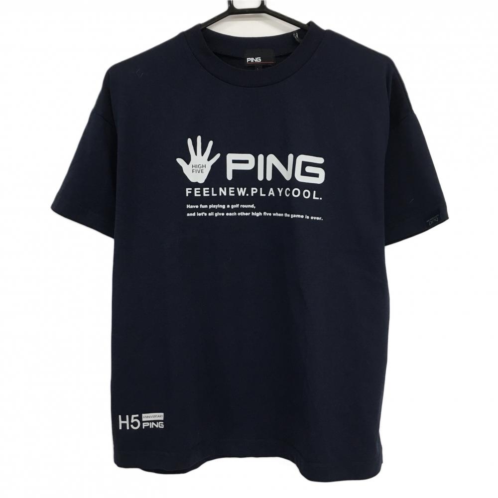 【超美品】ピン Tシャツ ネイビー×白 背面ビッグプリント レディース L ゴルフウェア PING