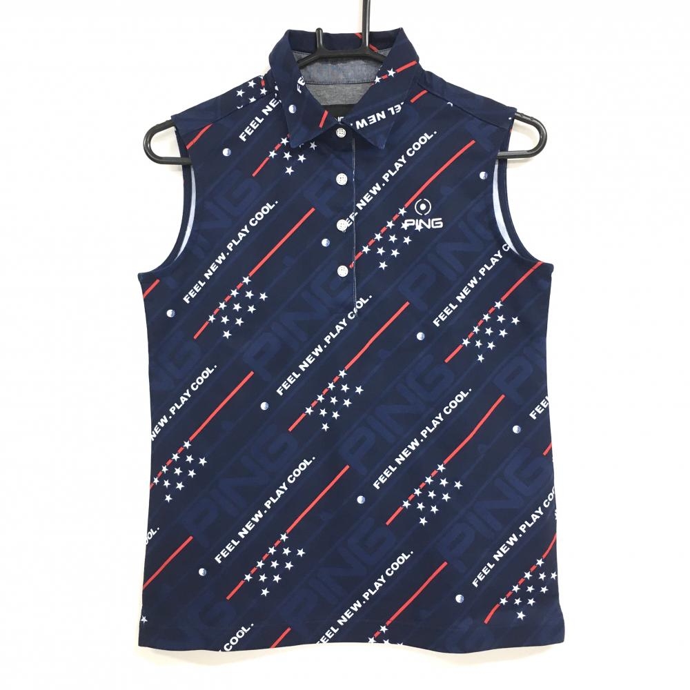 【超美品】ピン ノースリーブポロシャツ ネイビー×白 星柄 ロゴ地模様 斜めストライプ調 レディース M ゴルフウェア PING