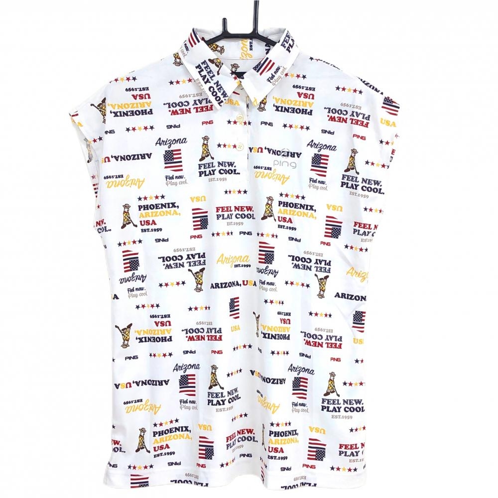 【新品】ピン ノースリーブポロシャツ 白×黒×レッド 英字総柄 星条旗 レディース LL ゴルフウェア PING