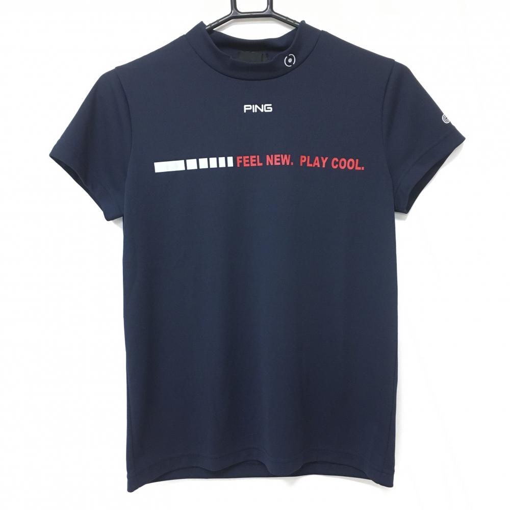 【超美品】ピン 半袖ハイネックシャツ ネイビー coolcore プリント レディース M ゴルフウェア PING