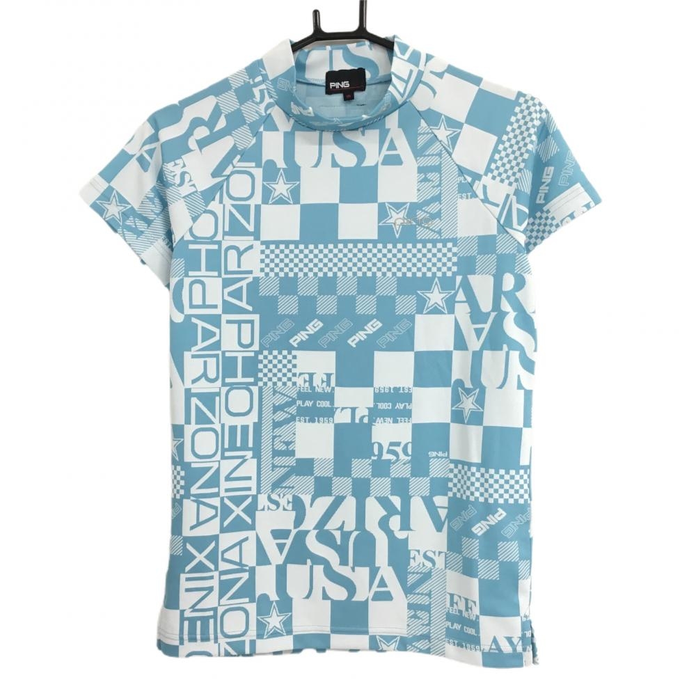 【超美品】ピン 半袖ハイネックシャツ ライトブルー×白 総柄 レディース M ゴルフウェア 2022年モデル PING 画像