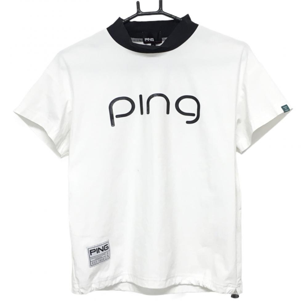 【美品】ピン 半袖ハイネックシャツ 白×黒 ストレッチ フロントロゴ レディース S ゴルフウェア 2023年モデル PING
