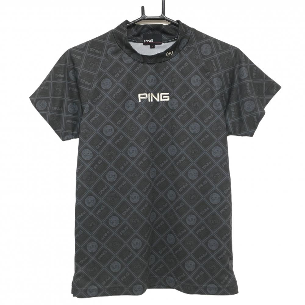 【超美品】ピン 半袖ハイネックシャツ ダークグレー×グレー ロゴ総柄 ロゴ刺しゅう レディース L ゴルフウェア 2023年モデル PING