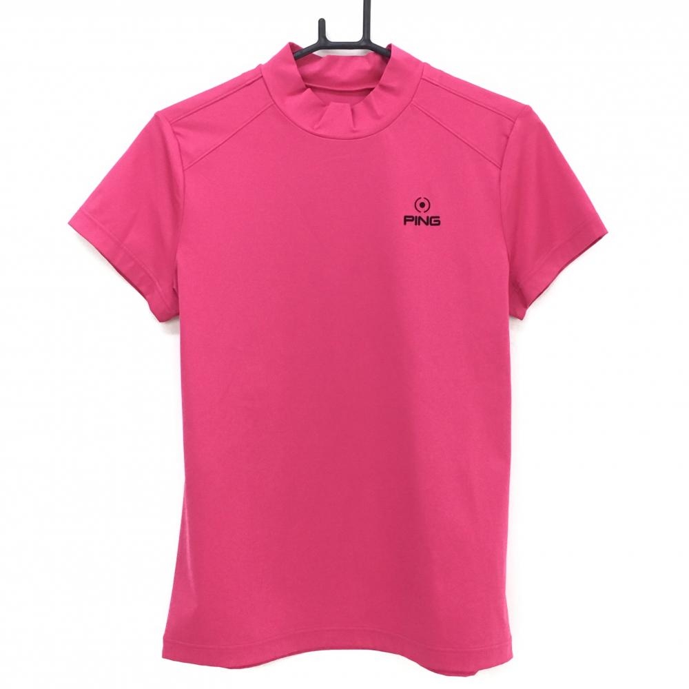 【超美品】ピン 半袖ハイネックシャツ ピンク ロゴ黒 ストレッチ レディース L ゴルフウェア PING