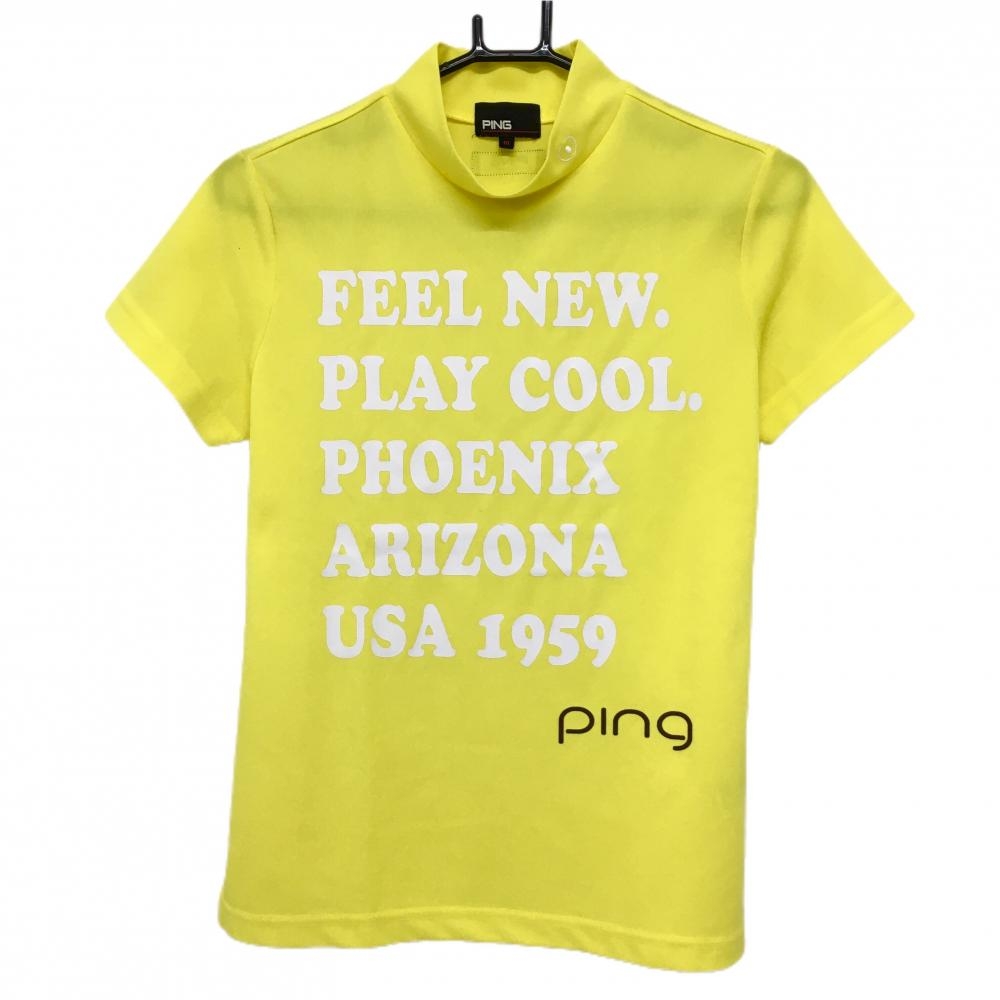 【美品】ピン 半袖ハイネックシャツ イエロー×白 フロントプリント レディース M ゴルフウェア PING