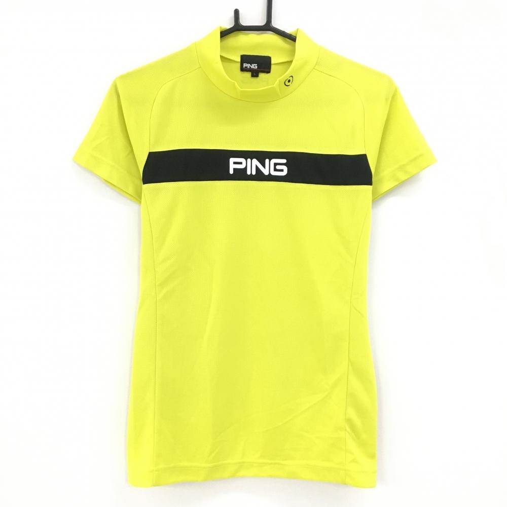 【超美品】ピン 半袖ハイネックシャツ ライムイエロー系×黒 フロントロゴ レディース L ゴルフウェア 2023年モデル PING