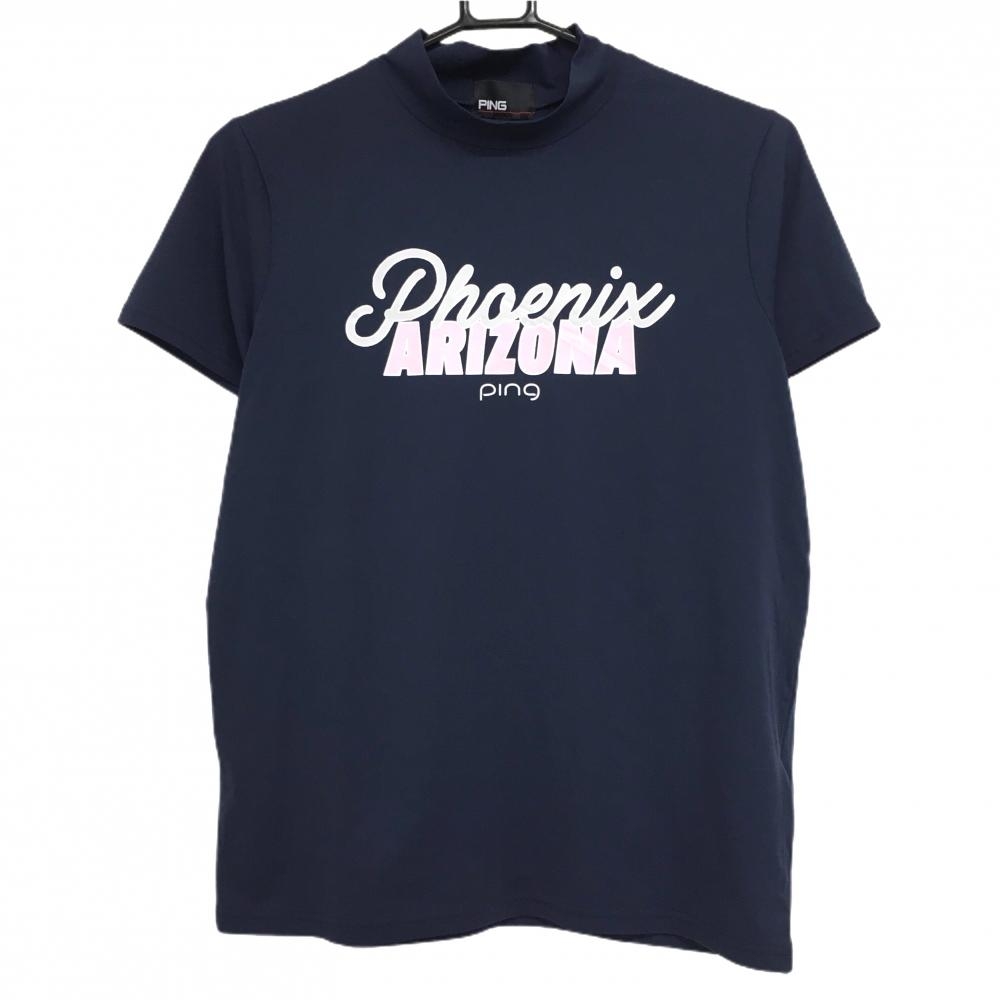 【超美品】ピン 半袖ハイネックシャツ ネイビー Mr.PING バックプリント UVカット レディース L ゴルフウェア 2024年モデル PING