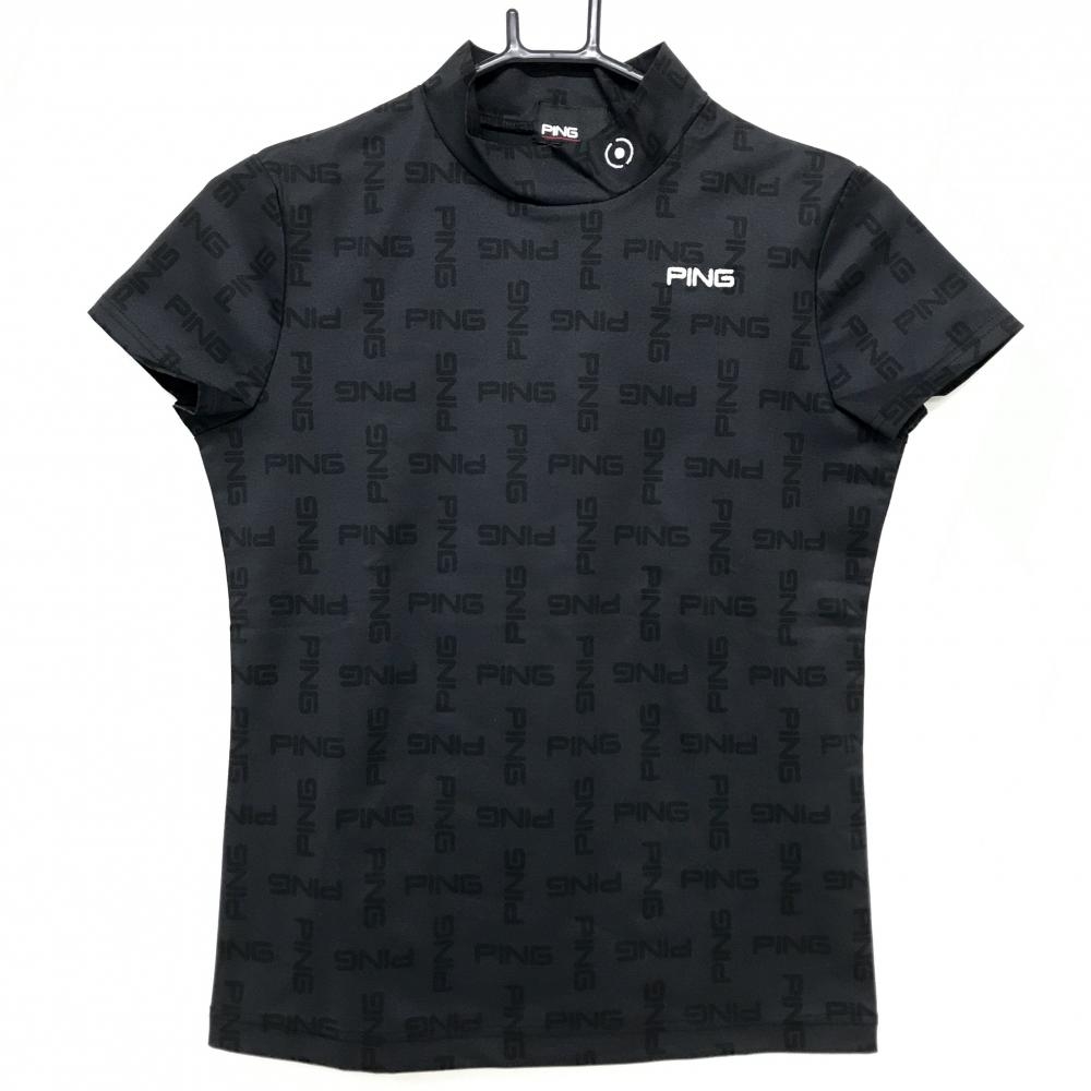 【超美品】ピン 半袖ハイネックシャツ 黒×シルバー ロゴ総柄 刺しゅう レディース S ゴルフウェア PING