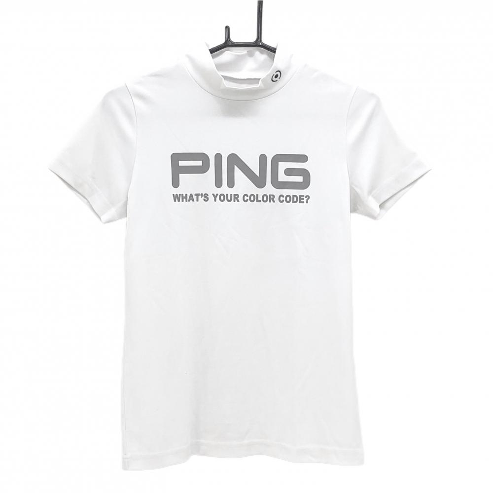 【美品】ピン 半袖ハイネックシャツ 白 ロゴグレー ストレッチ  レディース S ゴルフウェア PING