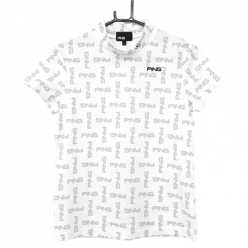 【美品】ピン 半袖ハイネックシャツ 白×グレー ロゴ総柄 レディース M ゴルフウェア PING