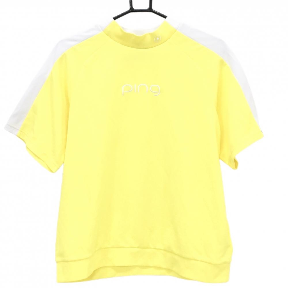 【超美品】ピン 半袖ハイネックシャツ イエロー×白 胸ロゴ刺しゅう  レディース L ゴルフウェア 2025年モデル PING