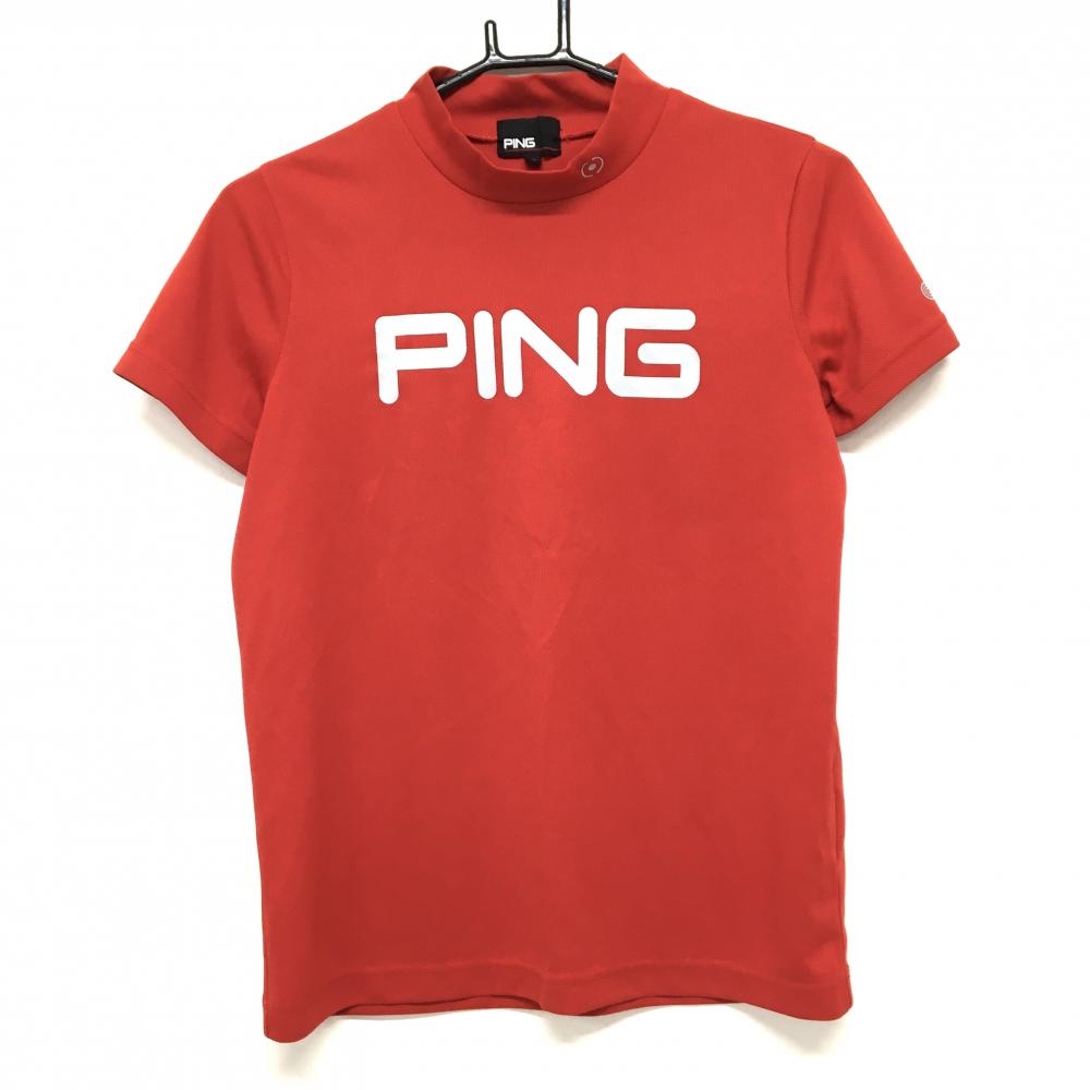 【美品】ピン 半袖ハイネックシャツ レッド×ライトグレー フロントロゴ レディース S ゴルフウェア PING