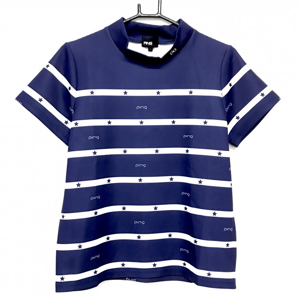 【超美品】ピン 半袖ハイネックシャツ ネイビー×白 ボーダー 星  レディース L ゴルフウェア PING