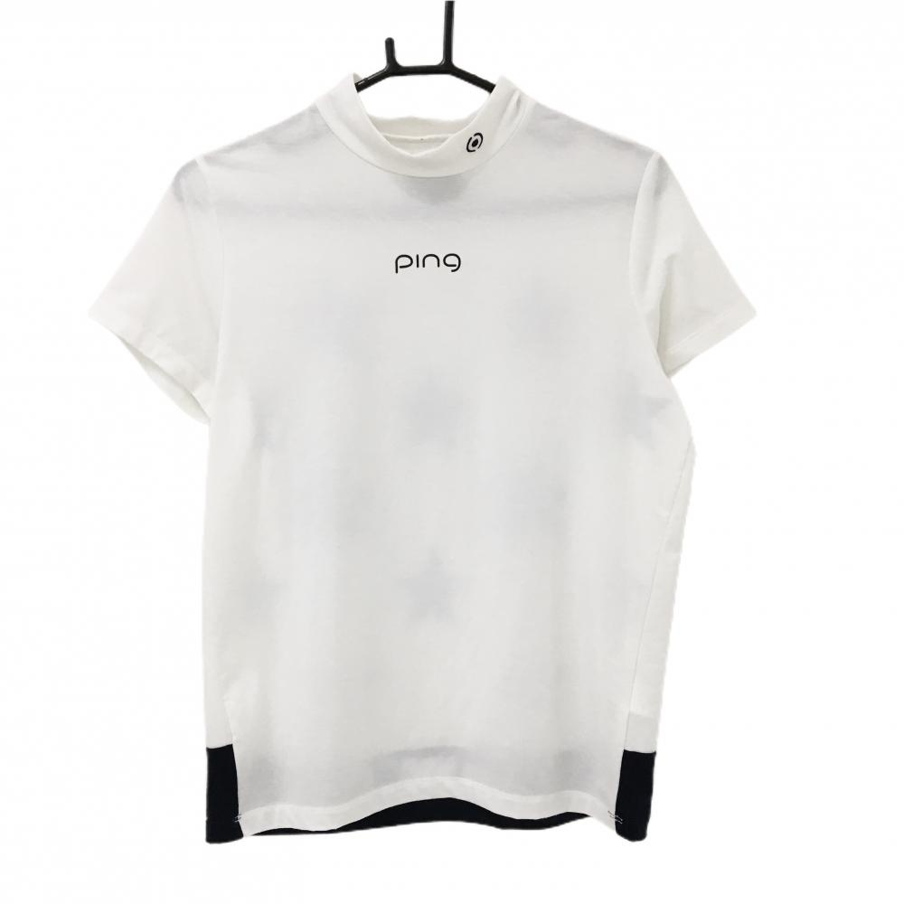 【美品】ピン 半袖ハイネックシャツ 白×黒 ネックロゴ  レディース L ゴルフウェア PING