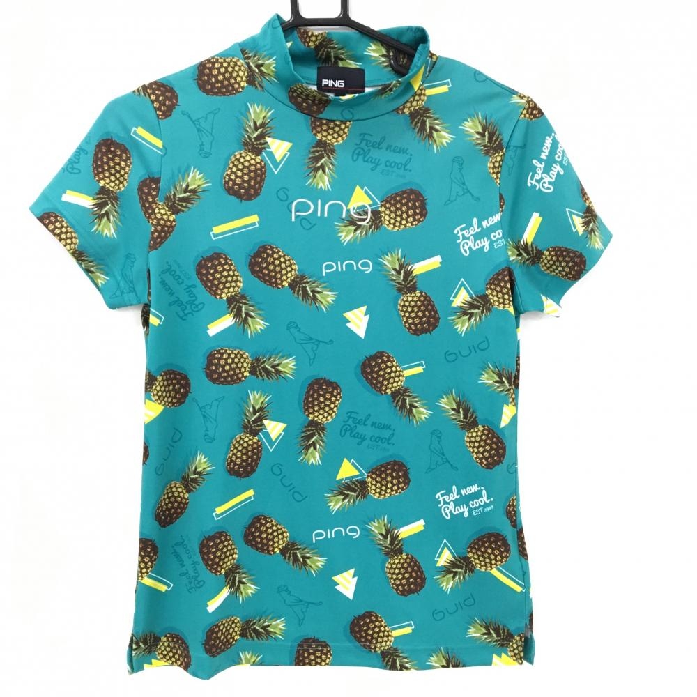 【超美品】ピン 半袖ハイネックシャツ グリーン×イエロー パイナップル柄 フロントロゴ刺しゅう レディース M ゴルフウェア PING
