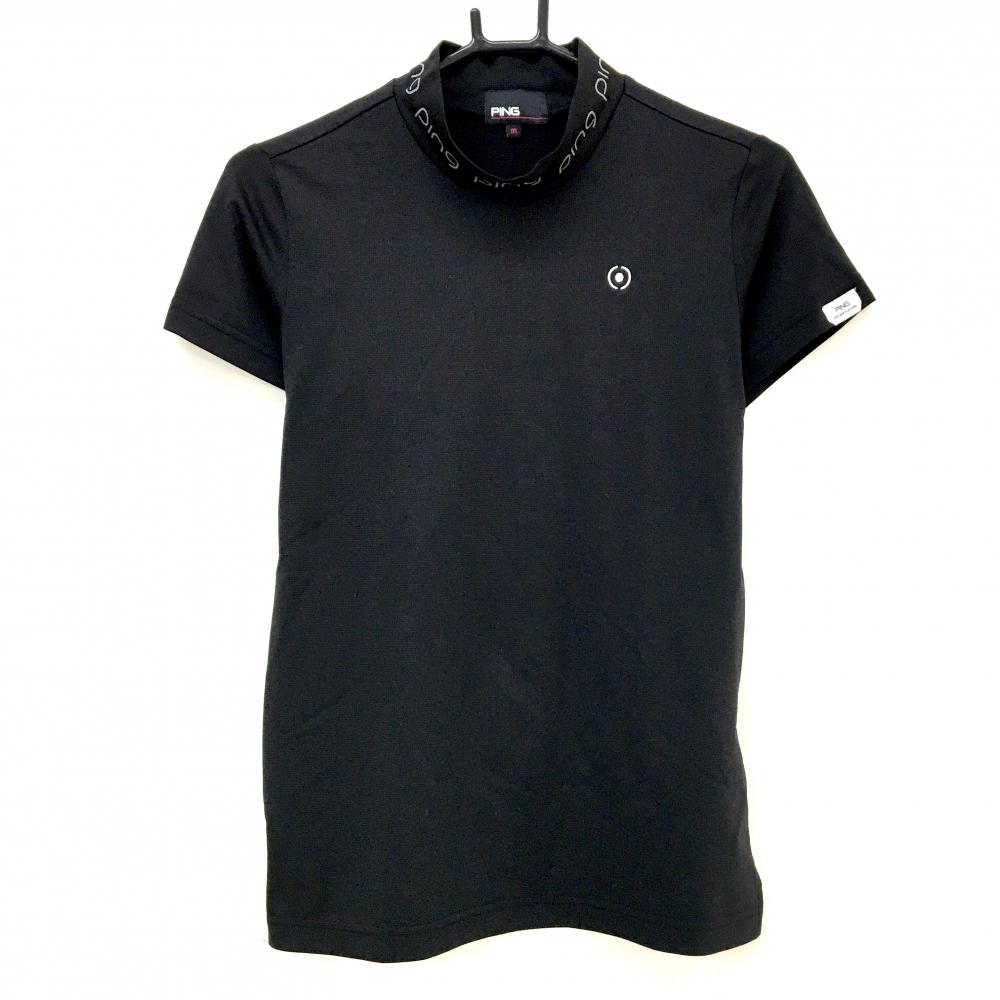 【美品】ピン 半袖ハイネックシャツ 黒 ネックロゴプリント レディース M ゴルフウェア 2024年モデル PING