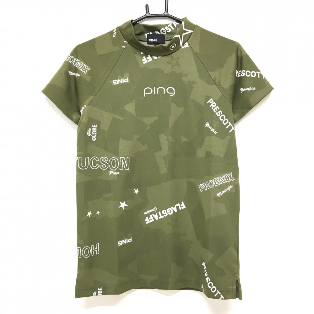 【超美品】ピン 半袖ハイネックシャツ カーキ×白 地模様 英字柄 ネックロゴ レディース L ゴルフウェア PING