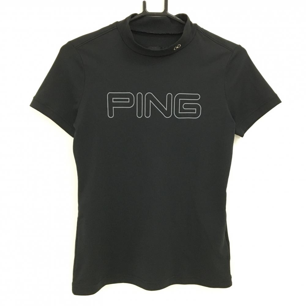 【超美品】ピン 半袖ハイネックシャツ 黒×グレー フロントロゴプリント レディース S ゴルフウェア PING